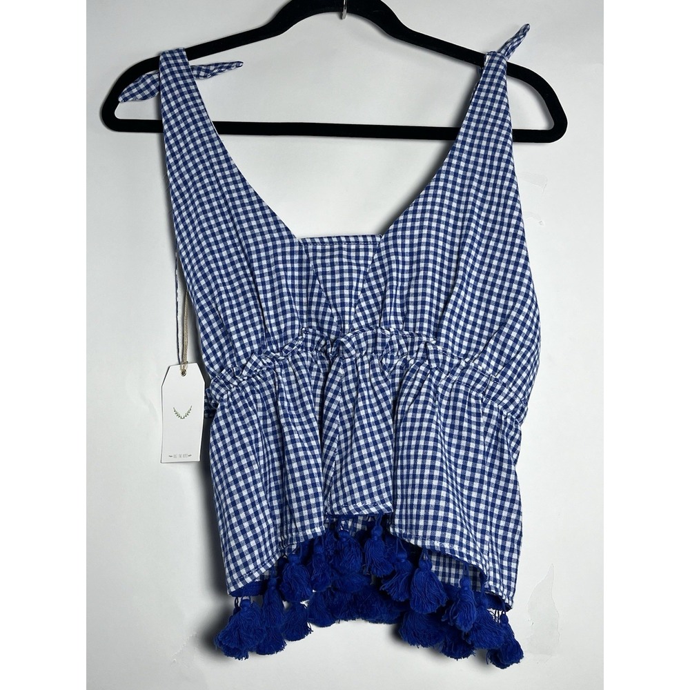 Free the Roses Blue and White Gingham Tassel Tank Top